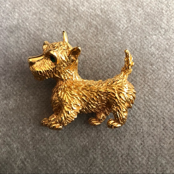 Vintage Jewelry - 1943 stamp 18K gold plate Scottish Terrier solid brooch pendant MARCEL BOUCHER